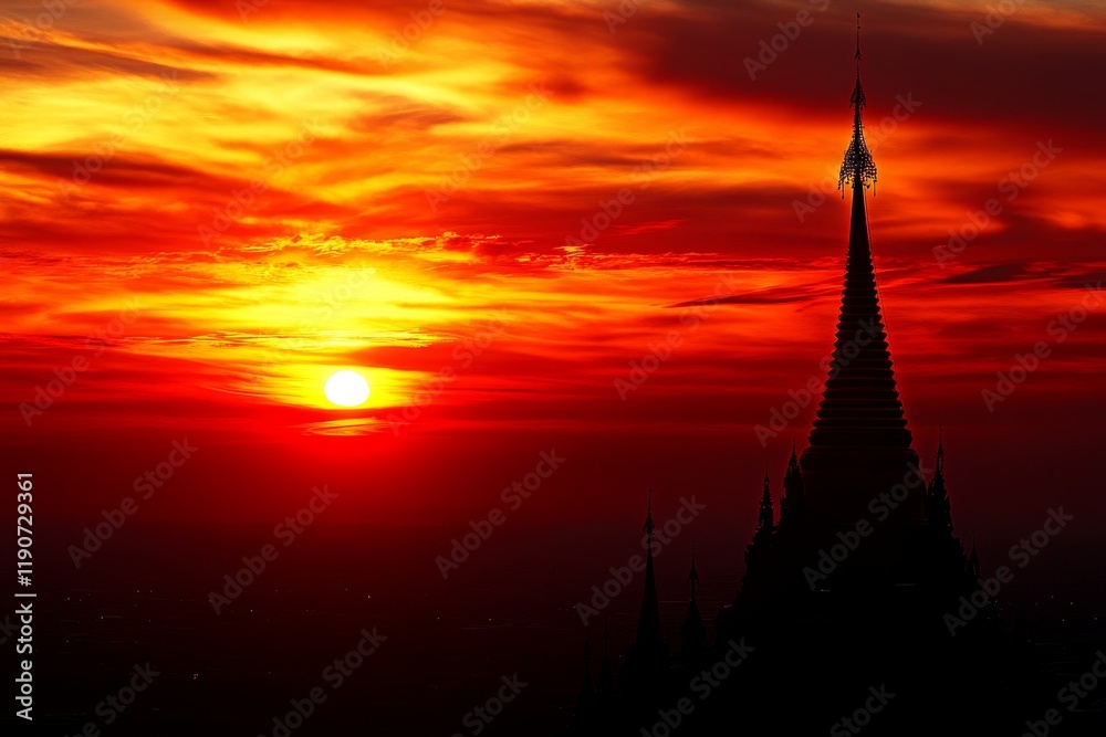 Obraz premium Majestic Silhouette of a Tower Against a Vibrant Sunset with Orange and Red Hues Illuminating the Sky Overlooking a Scenic Landscape