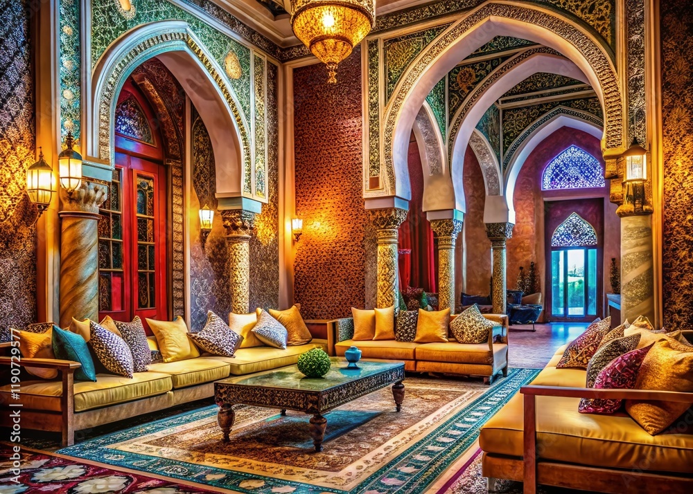 Obraz premium Elegant Islamic Living Room: Macro Detail of Arabic Arch & Interior Design