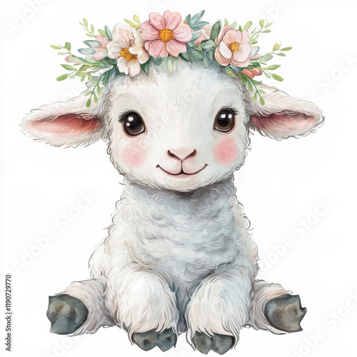 cute lamb with flower crown, perfect for Easter celebrations, radiates joy and charm