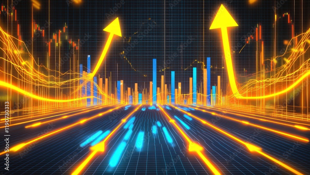An abstract stock market illustration with sharp yellow upward arrows