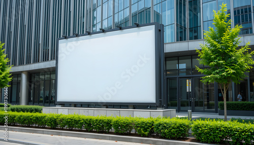 A large blank billboard stands in front of a modern glass building, surrounded by green bushes and trees, on a sunny day. photo