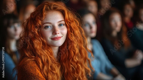 Portrait of a Young Woman with Vibrant Red Curly Hair Among a Blurred Crowd