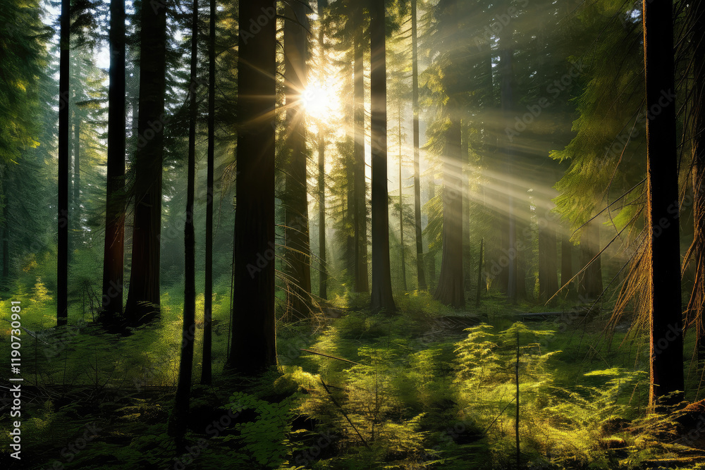 Obraz premium Sunlight Filtering Through Forest Trees