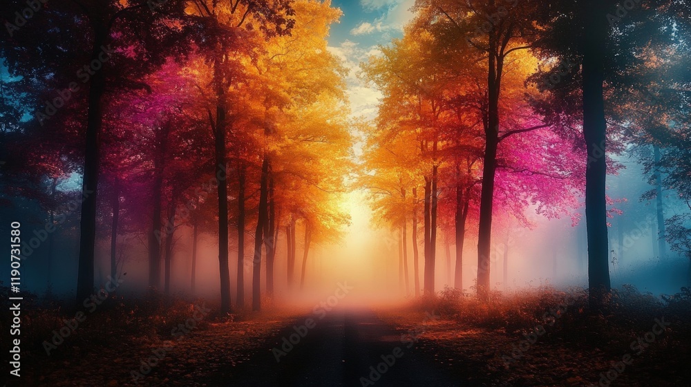 Fototapeta premium A Serene Autumn Landscape with Vibrant Trees Illuminated by Soft Morning Light in a Misty Forest Path