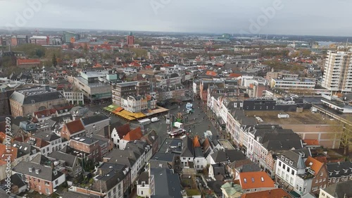 Aerial drone video of the market sqaure in Den Bosch, the Netherlands.