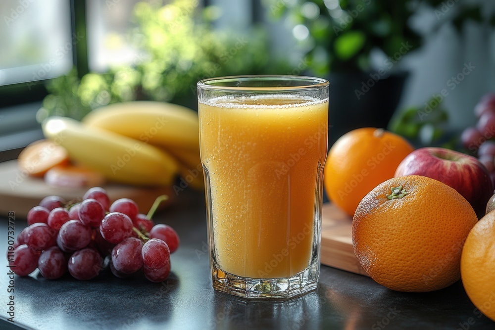 Fresh fruit juice served in a glass with bananas, grapes, and apples on a kitchen counter Fresh fruit juice served in a glass with bananas, grapes, and apples on a kitchen counter
