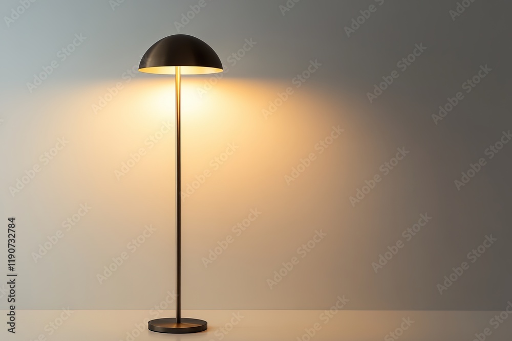 polished studio image of modern floor lamp with slim metallic frame and dome-shaped shade placed centrally on bright polished studio image of modern floor lamp with slim metallic frame and dome-shaped shade placed centrally on bright