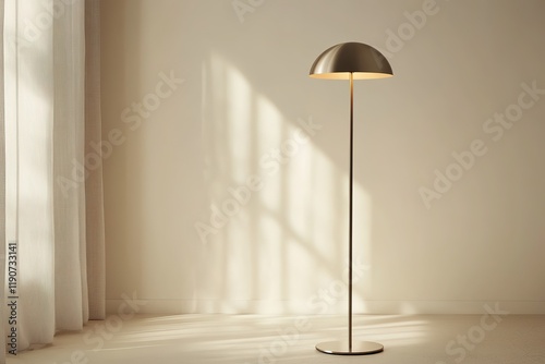 polished studio image of modern floor lamp with slim metallic frame and dome-shaped shade placed centrally on bright photo