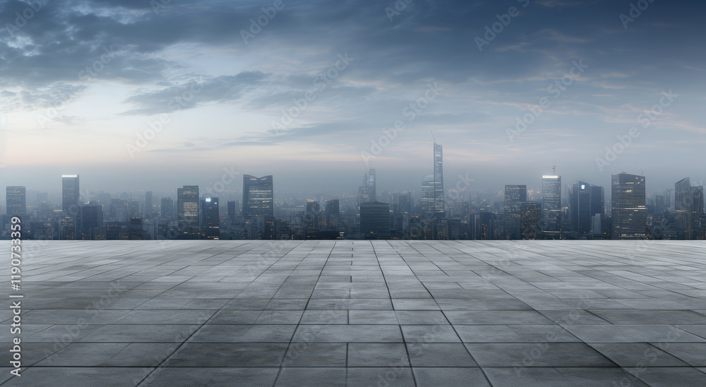 Modern City Skyline with Empty Platform Modern City Skyline with Empty Platform