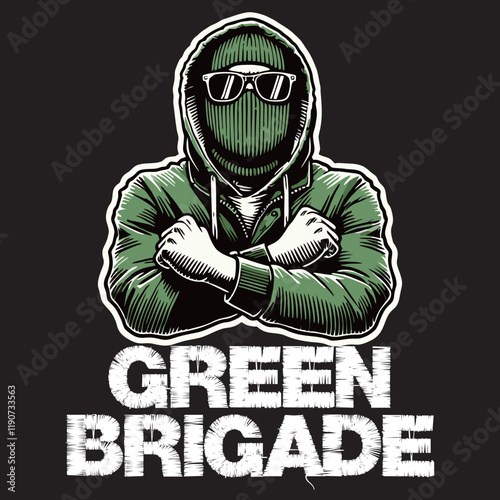 illustration vector graphic of Football fans ultras hooligan wear green hoodie with green white scarf design for logo, t-shirt, etc