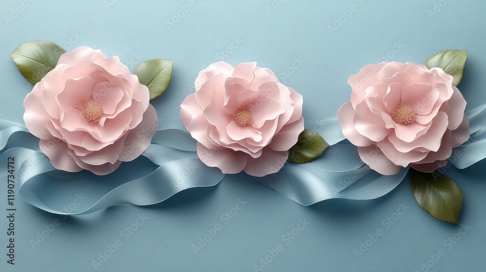 Fototapeta premium Three pastel pink roses with blue ribbon on blue background.