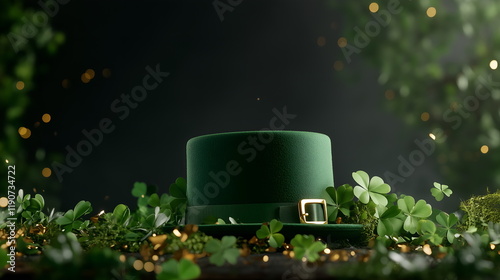 A green bowler hat placed on a rustic surface with scattered clover leaves and festive confetti, design banner photo