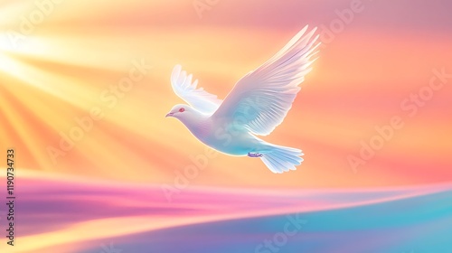 white dove soaring in sunset sky - pastel colors