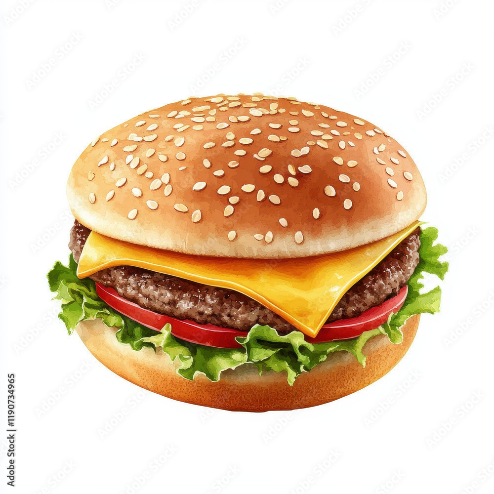 Juicy hamburger with cheese, lettuce, and sesame seed bun, classic junk food delight Juicy hamburger with cheese, lettuce, and sesame seed bun, classic junk food delight