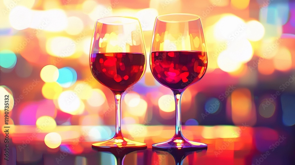 Elegant blurred bokeh lights beside wine glasses creating a romantic atmosphere. Elegant blurred bokeh lights beside wine glasses creating a romantic atmosphere.