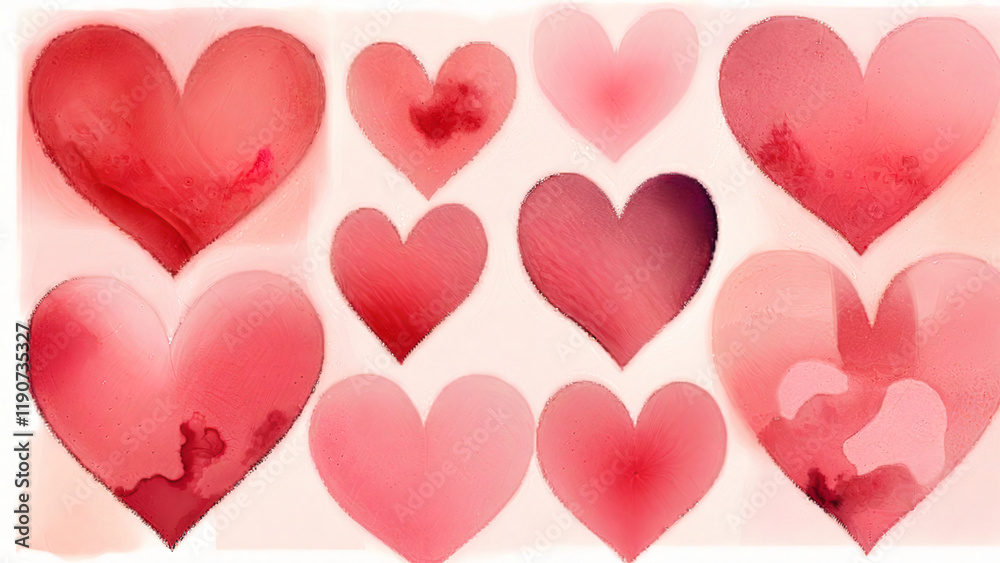 A Collection of Hearts in Multiple Shades of Pink and Red on Textured Watercolor Painting Paper. A Collection of Hearts in Multiple Shades of Pink and Red on Textured Watercolor Painting Paper.