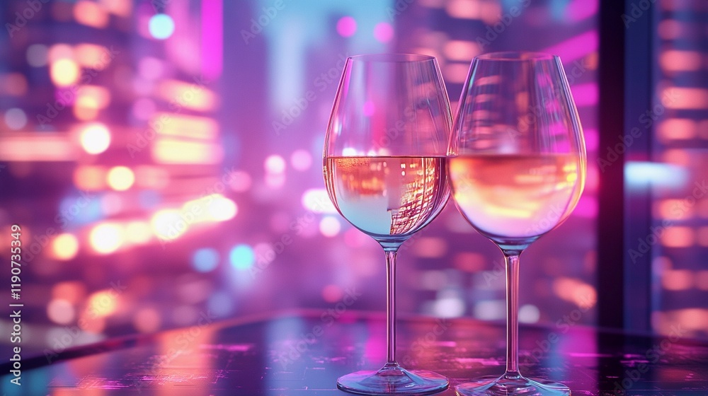 Elegant blurred bokeh lights beside wine glasses creating a romantic atmosphere. Elegant blurred bokeh lights beside wine glasses creating a romantic atmosphere.