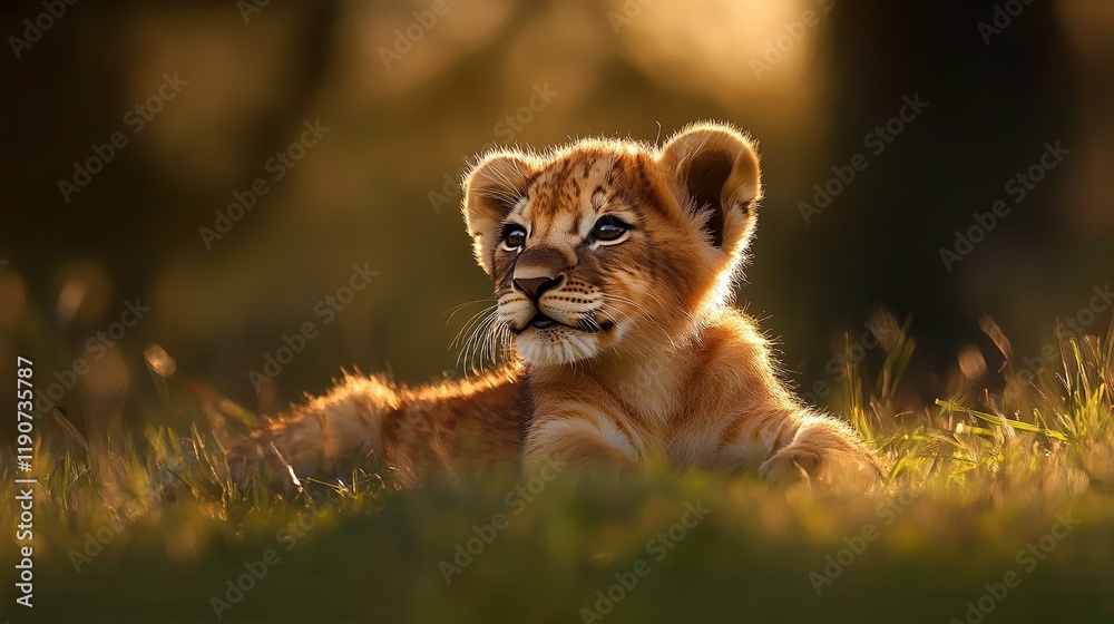 Obraz premium A little lion cub, with a golden mane starting to grow, lying in the soft grass under the warm sun. Its content smile and relaxed posture capture a peaceful and healing moment in nature. 