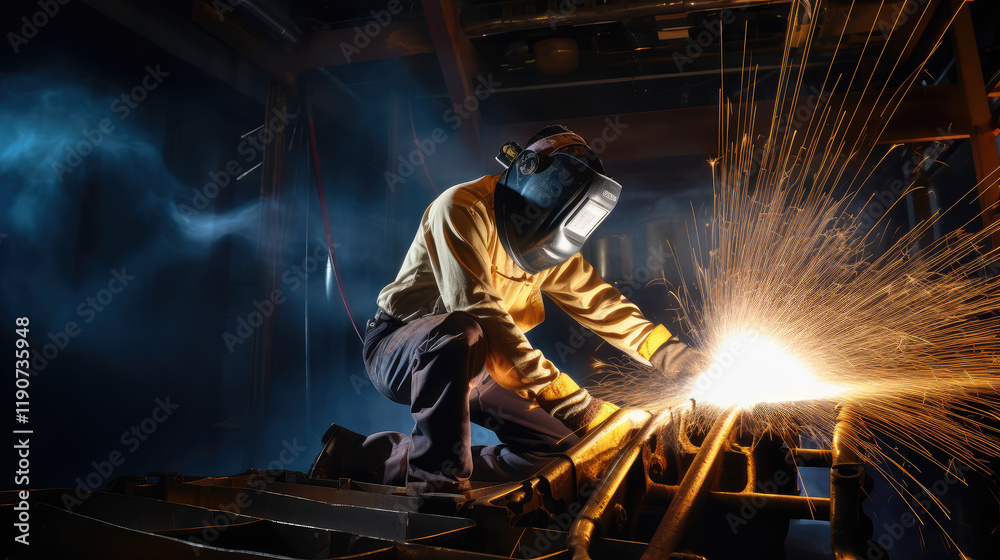 Skilled Welder Creating Sparks in Industrial Setting Skilled Welder Creating Sparks in Industrial Setting