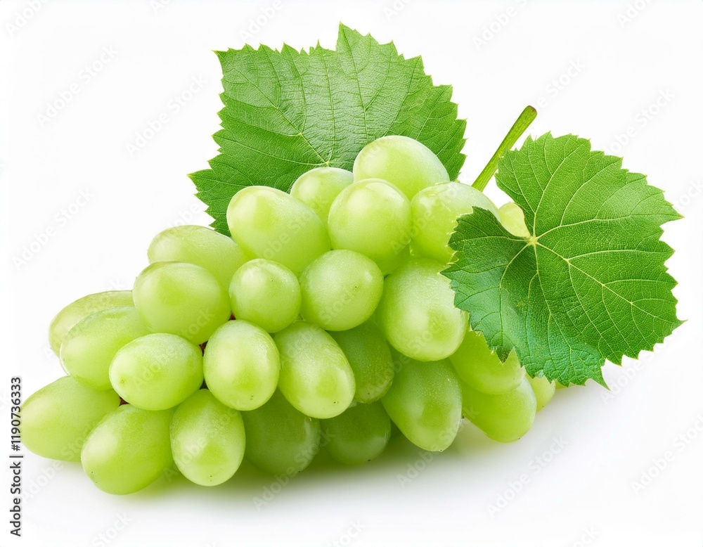 Fresh green grapes with shiny texture and vibrant leaves, isolated on a clean white background. Fresh green grapes with shiny texture and vibrant leaves, isolated on a clean white background.