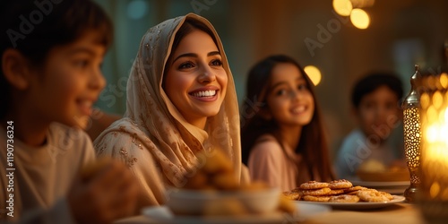 a saudi veiled woman smiling while indulging in a dessert inside a livingroom ramadan vibes with family members photo