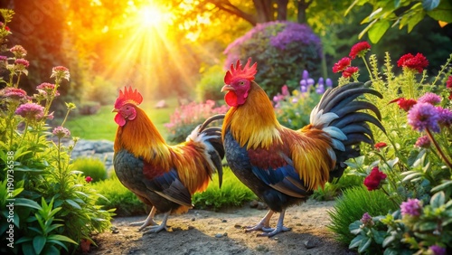 Peking Bantam Chickens Dust Bathing in English Garden Summer Sun