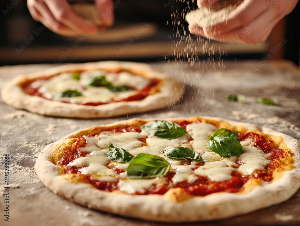 Freshly made pizza with basil and cheese on rustic table