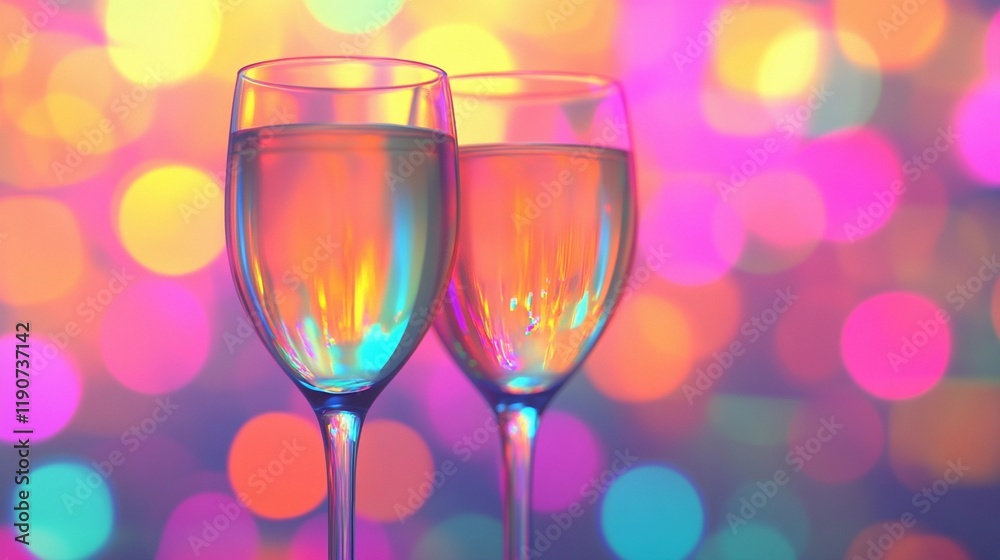 Elegant blurred bokeh lights beside wine glasses creating a romantic atmosphere. Elegant blurred bokeh lights beside wine glasses creating a romantic atmosphere.