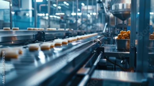 Wallpaper Mural A bustling food processing plant with conveyor belts transporting packaged goods amidst stainless steel machinery, Food processing plant scene, Hygienic production style Torontodigital.ca