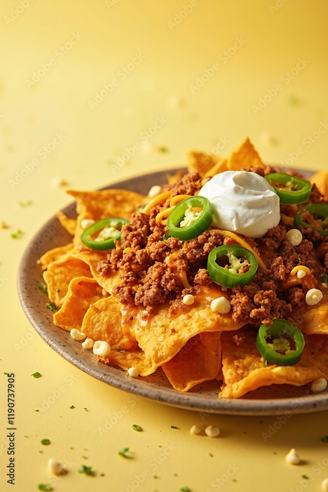 Loaded nachos with cheese, beef, and jalapeños on a pastel yellow background. Ideal for food promotions or modern snack ads. Loaded nachos with cheese, beef, and jalapeños on a pastel yellow background. Ideal for food promotions or modern snack ads.