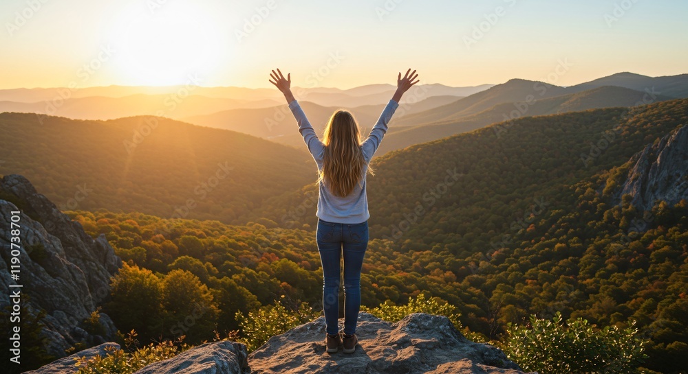 Obraz premium Happy Woman Enjoying Sunset on a Mountain Peak