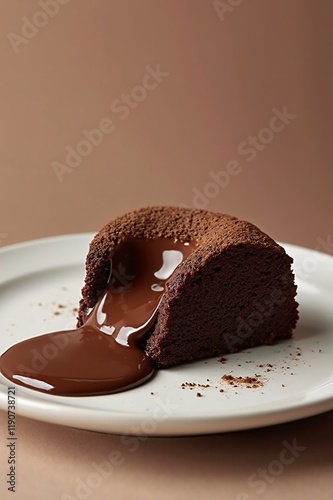 Chocolate lava cake with molten chocolate and a pastel brown background. Ideal for dessert ads or editorial food features. photo