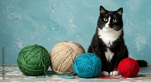 Black and White Cat with Colorful Yarn Balls