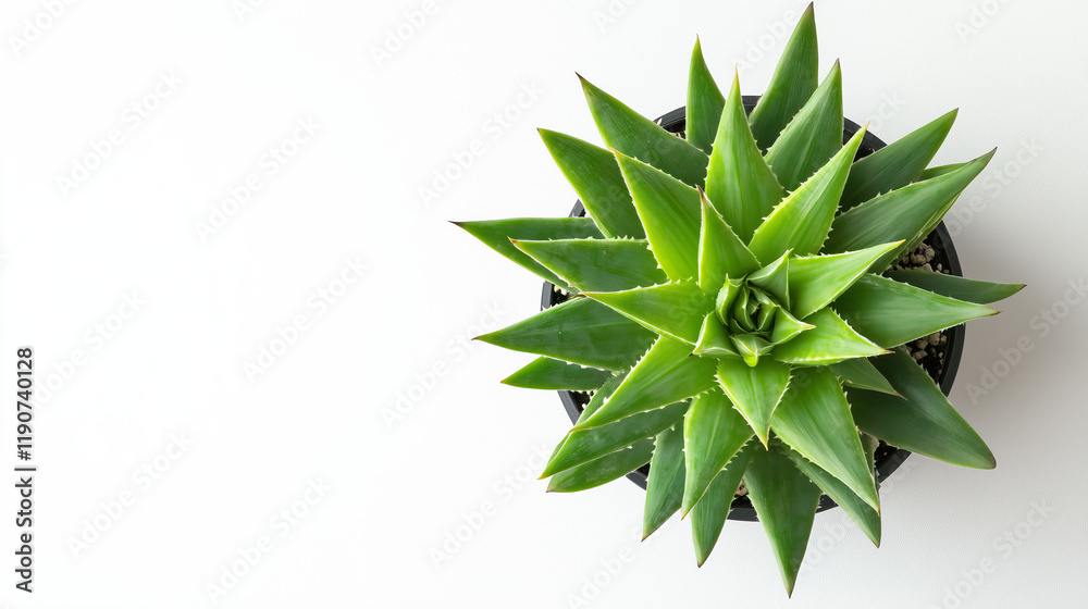 Top View of a Green Aloe Vera Plant in a Black Pot on a White Background
Top View of a Green Aloe Vera Plant in a Black Pot on a White Background