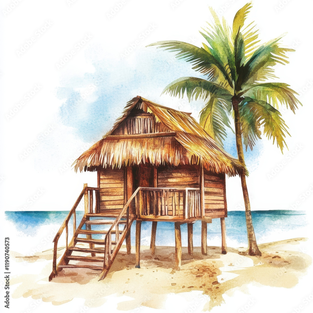 Fototapeta premium tropical hut on beach surrounded by palm trees, evoking summer vibes