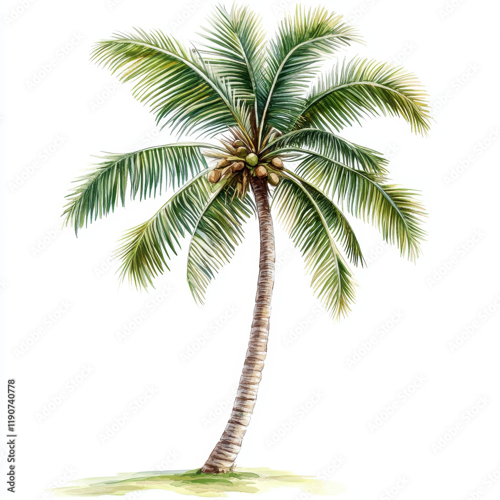 Obraz premium tropical palm tree with coconuts, showcasing vibrant green leaves and curved trunk, evokes serene beach atmosphere