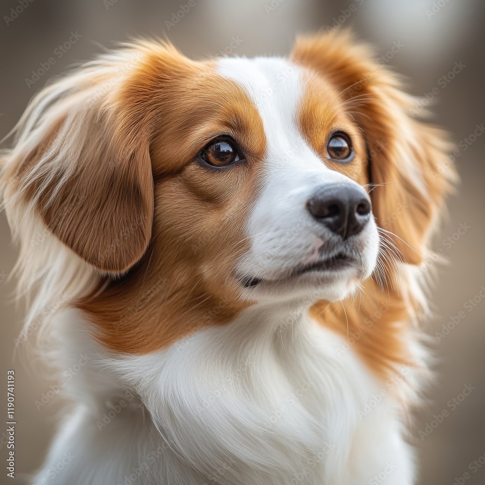 Close-up portrait of Kooikerhondje dog with soft fur and attentive expression Close-up portrait of Kooikerhondje dog with soft fur and attentive expression