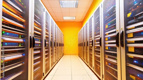 Rows of Modern Data Center Servers in a Bright Orange Room