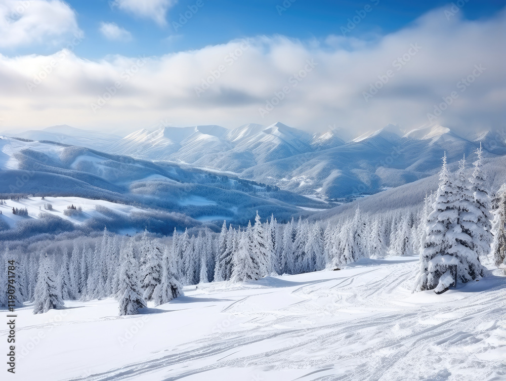 Obraz premium Serene Snow-Covered Landscape with Mountain Backdrop