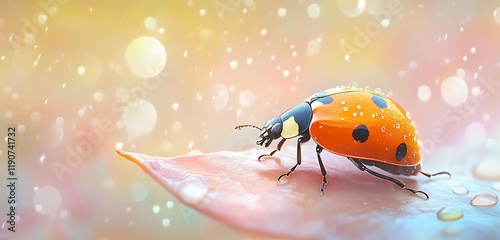 A vivid orange ladybug crawling on a rain-kissed leaf soft pastel tones in the background