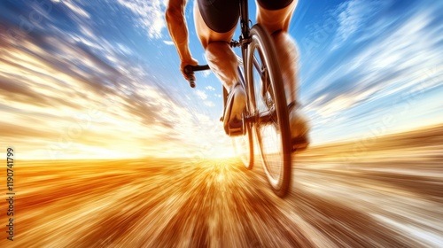 Cyclist Speeding Towards Sunset Fast Motion Blur Road Bike Race