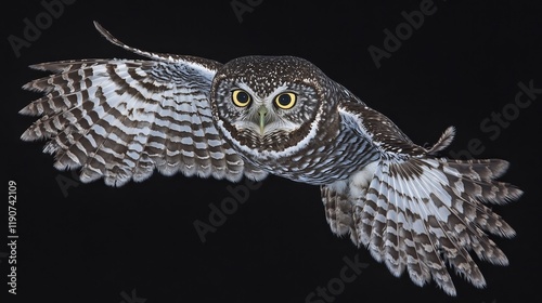 Western Screech Owl Soaring on Black Background, Wildlife Photography, Majestic Bird in Flight