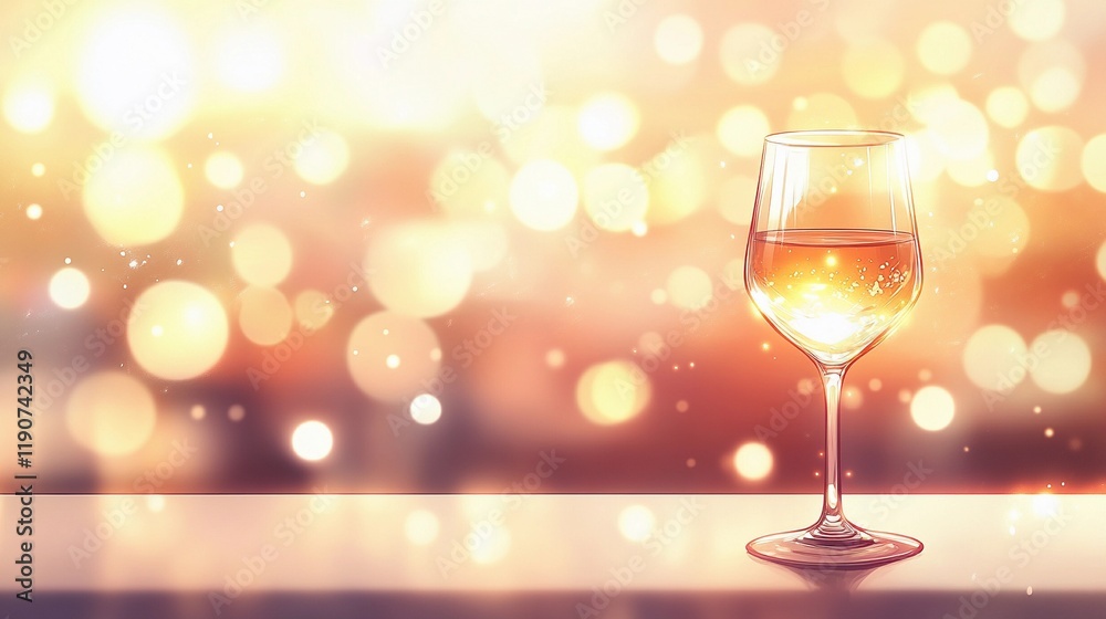 Glowing side bokeh lights softly illuminating wine glasses, capturing a cozy and warm atmosphere, style book illustration Glowing side bokeh lights softly illuminating wine glasses, capturing a cozy and warm atmosphere, style book illustration