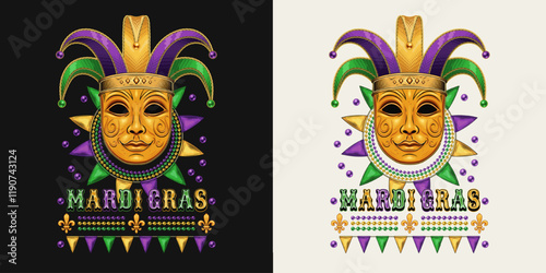 Mardi Gras themed label. Emblem with carnival golden venetian face mask in jester tomfool hat, beads, text. Vintage holiday composition.