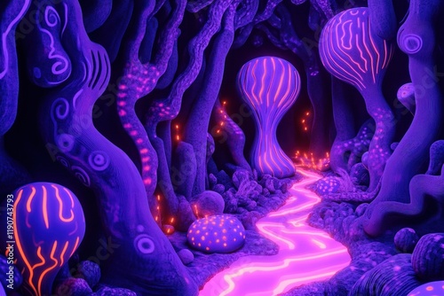 Glowing Neon Pathway Through a Dreamlike Fantasy Forest Landscape