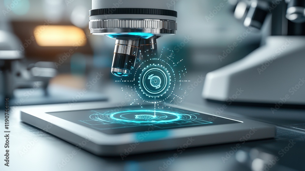 Fototapeta premium Advanced Microscopy Digital Overlay on Tablet Screen Lab Technology Concept