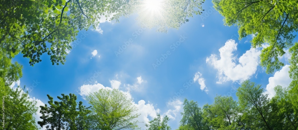 Fototapeta premium Serene Sky Peering Through Lush Green Treetops