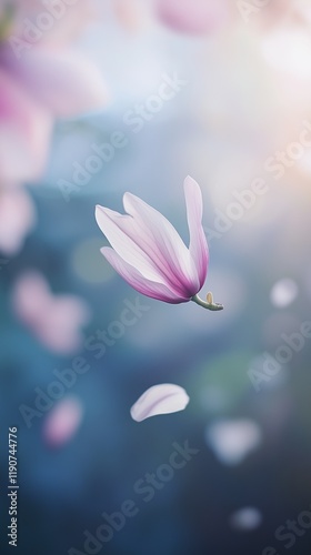 A magnolia petal gently falling through the air, closeup with a blurred background and ample copyspace for text