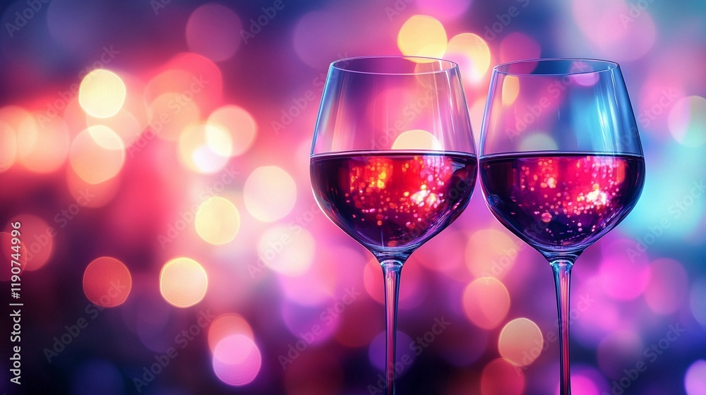 Soft blurred bokeh lights glowing beside elegant wine glasses, creating a romantic and intimate ambiance, style book illustration Soft blurred bokeh lights glowing beside elegant wine glasses, creating a romantic and intimate ambiance, style book illustration