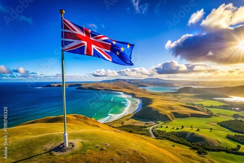 Falkland Islands Drone View: Waving Flag, Scenic Landscape, South Atlantic photo